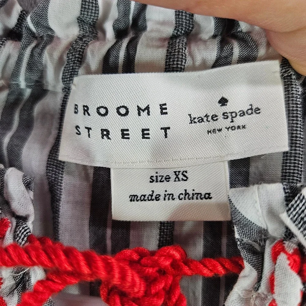 Kate Spade Broome Street Embroidered Striped Peplum Blouse Black White Red XS